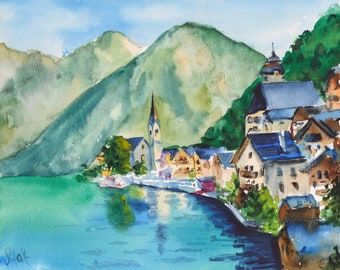 Austria Painting Salzburg Original Watercolor Landscape Mountain Artwork Lake Art  by NatalyMak