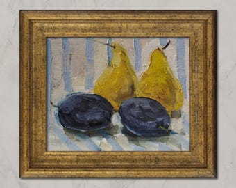 Plums and Pears Original Oil Painting Framed Fruit Still Life Kitchen Wall Art