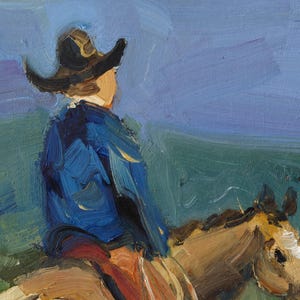 May include: An oil painting featuring a figure wearing a dark cowboy hat and a blue jacket, riding a tan horse. The background consists of broad, visible brushstrokes in shades of green and purple, creating a textured, impressionistic landscape.