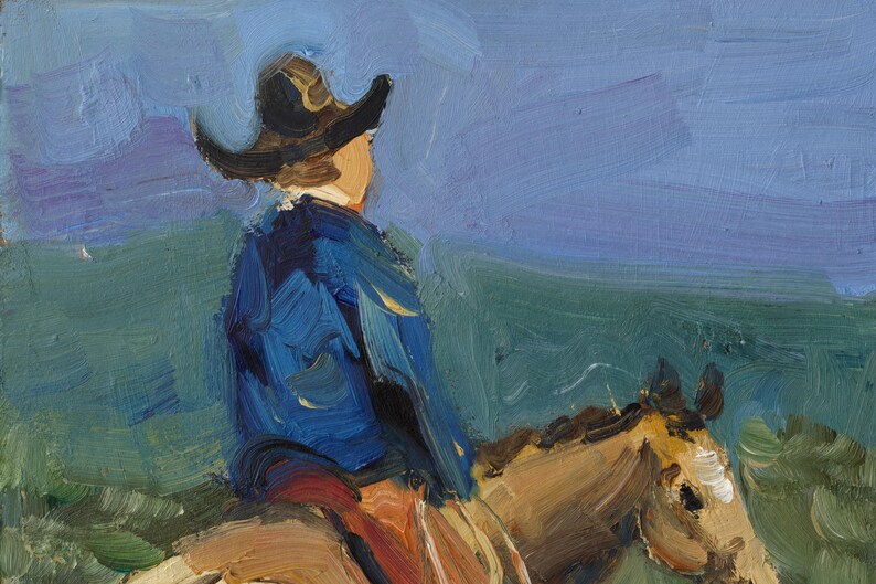 May include: An oil painting featuring a figure wearing a dark cowboy hat and a blue jacket, riding a tan horse. The background consists of broad, visible brushstrokes in shades of green and purple, creating a textured, impressionistic landscape.