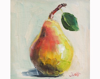 Pear Oil Painting Fruit Impasto Original Wall Art Food Painting Small Kitchen Artwork NatalyMak