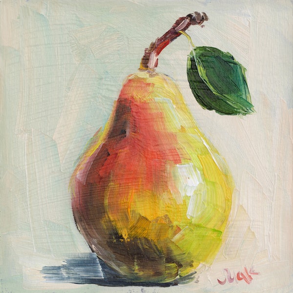 Pear Oil Painting Fruit Impasto Original Wall Art Food Painting Small Kitchen Artwork NatalyMak