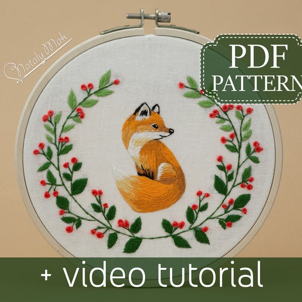 Spring fox embroidery pattern for beginner. Hand embroidered hoop art PDF pattern + video tutorial