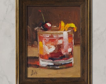 Bourbon Old Fashioned Cocktail Oil Painting Framed Whiskey Drink Original Wall Art  Bar Decor