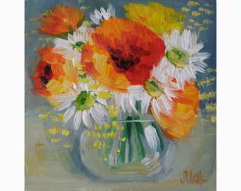 Flowers Bouquet Oil Painting Poppy in Vase Original Wall Art Daisy Artwork 6x6'' by Nataly Mak