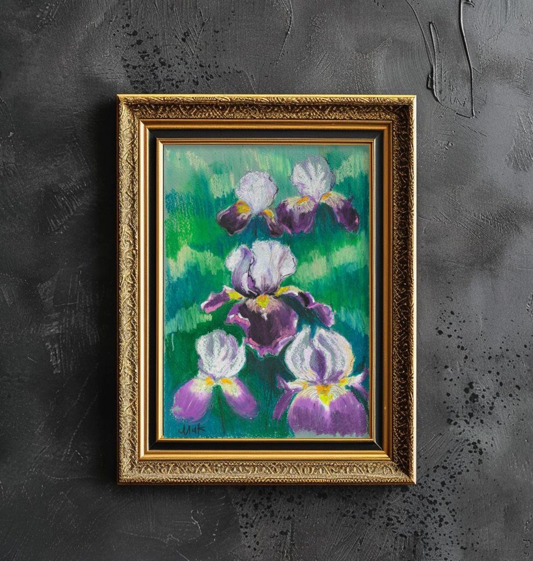 Iris Original Oil Pastel Painting: Purple Floral Wall Art, 12x8'' - Etsy