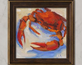 Crab Oil Painting Framed Sea Animal Wall Art, Beach House Decor 8x8''