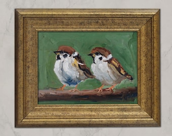 Sparrow Oil Painting: Two Birds on Branch, Framed Original Art