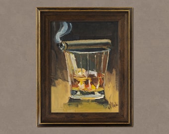 Bourbon Oil Painting Framed, Original Whiskey Glass Wall Art, Cigar and Cocktail Bar Decor