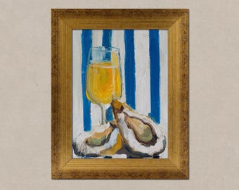Oyster Oil Painting Wine Original Wall Art in Frame Seashell Paintings  Champagne Cocktail Painting 8x6&#39;&#39; by Nataly Mak