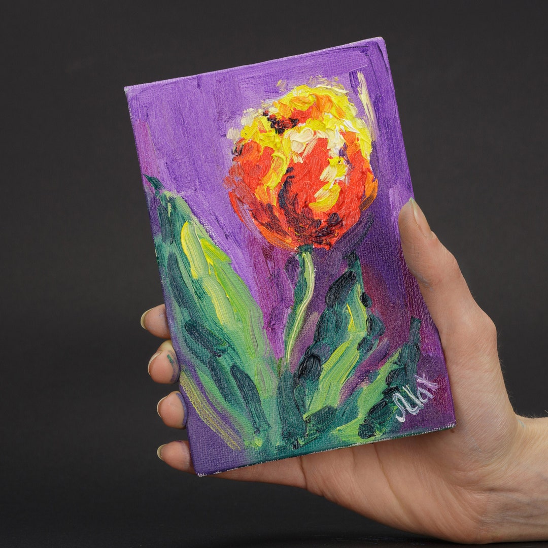 Tulip Oil Painting Small Flower Original Wall Art Impasto Canvas ...