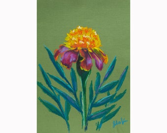 Marigold Painting Flower Oil Pastel Original Wall Art October Birth Month Flower Artwork 12x8'' by NatalyMak