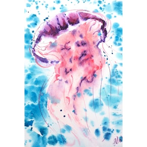 Jellyfish Watercolor Underwater Original Painting Abstract Sea Life Wall Art Ocean Watercolor 12x8'' by NatalyMak