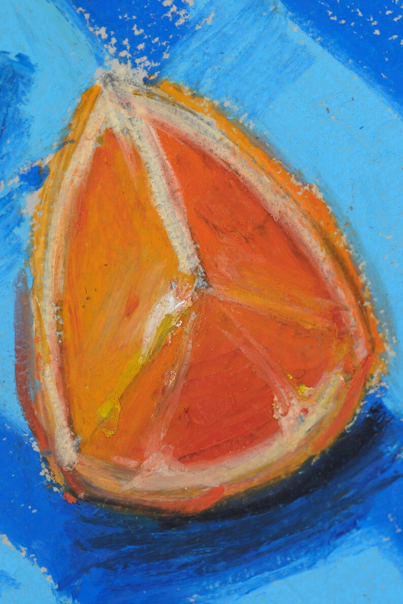 May include: A hand-painted orange fruit with a red center and white lines, on a blue background.