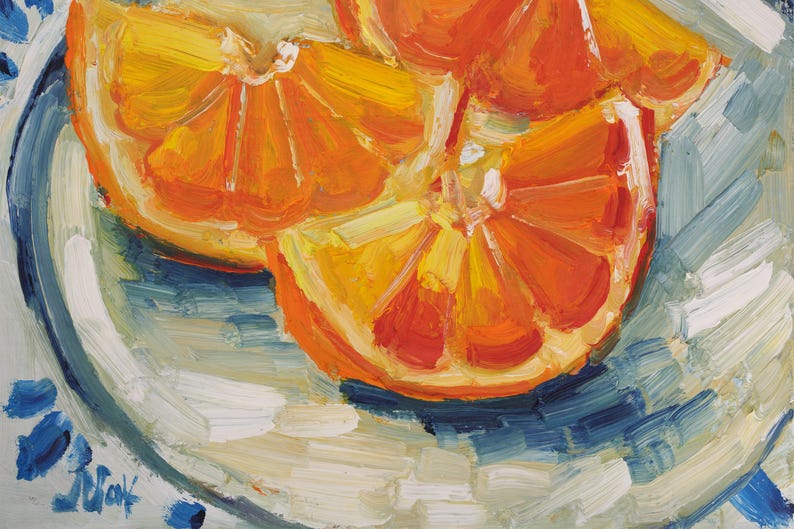 Original oil painting of juicy orange slices, elegantly presented in a frame. The artwork is captured in a vibrant impressionist style with bold, thick brushstrokes that highlight the glistening texture of the fruit. Featuring a bright citrus palette and a beautiful play of light, this small fruit still life is a perfect pop of color for a modern kitchen or a sunny dining room wall.