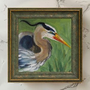 Blue Heron Oil Painting Bird Original Wall Art in Frame Artwork House Gift Home Decor 8x8'' by Nataly Mak