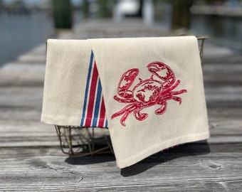Big Crab on a Red and Blue Retro Striped Towel-Embroidered