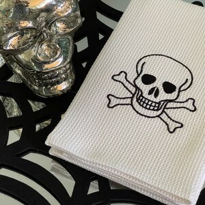 Spooky Skull on White Cotton Waffle Kitchen Towel