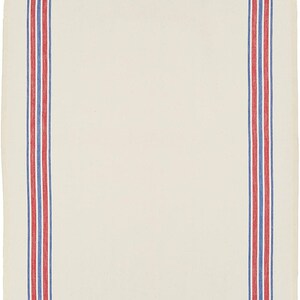 May include: A white kitchen towel with red and blue stripes along the sides.