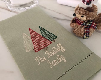 Christmas Rustic Trees Linen Hemstitched Holiday Guest Towel-Embroidered