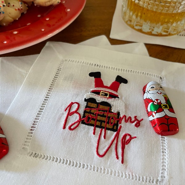 Bottoms Up Santa Holiday Cocktail Napkins-Embroidered
