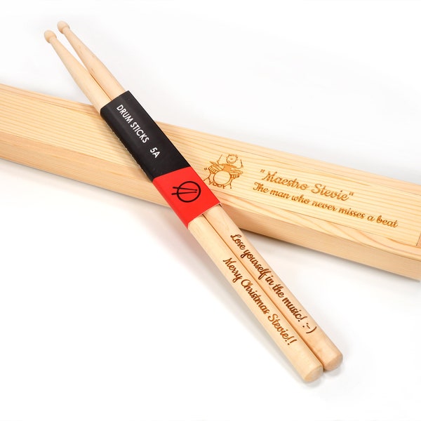 Personalised Custom Drum Sticks + Optional Gift Box - 5A Size | Design A Truly Unique Present | Laser Engraved