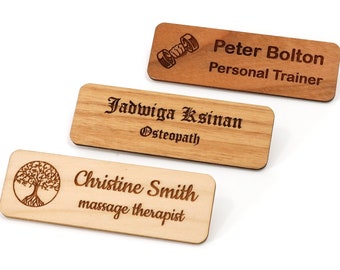 Personalised Wooden Eco Name Badge Staff ID Tag With Pin | Design Your Custom Badge | Laser Engraved - (Maple,Oak,Cherry)