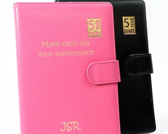 Personalised Custom Premium 5 Year Diary Organiser A5 Size | Design A Truly Unique Gift | Laser Engraved PU Leather (black, pink)