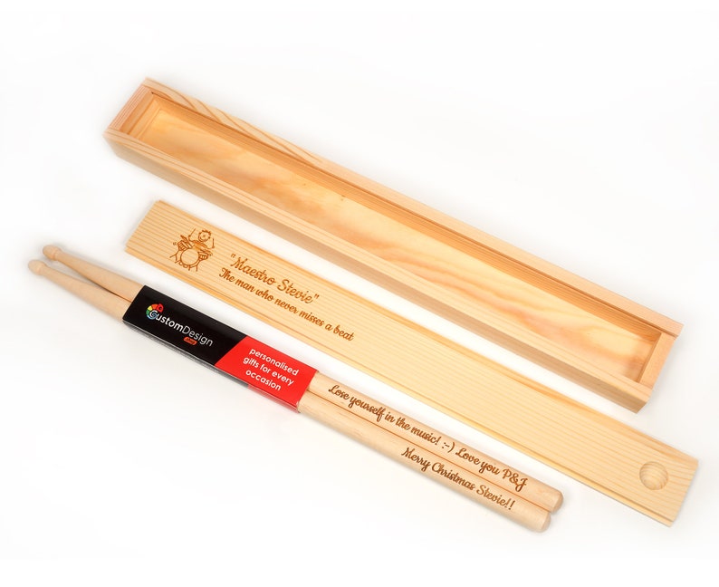 Personalised Custom Drum Sticks + Optional Gift Box - 5A Size | Design A Truly Unique Present | Laser Engraved image 3