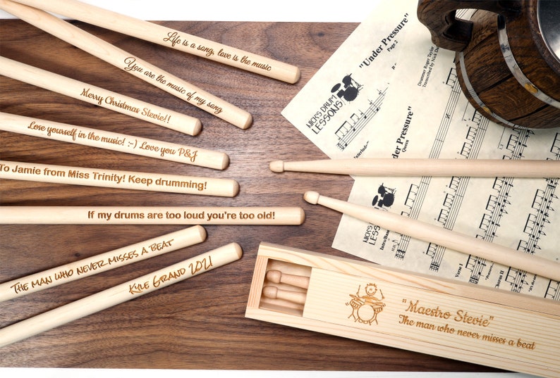 Personalised Custom Drum Sticks + Optional Gift Box - 5A Size | Design A Truly Unique Present | Laser Engraved image 7