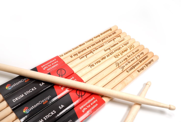 Personalised Custom Drum Sticks + Optional Gift Box - 5A Size | Design A Truly Unique Present | Laser Engraved image 5