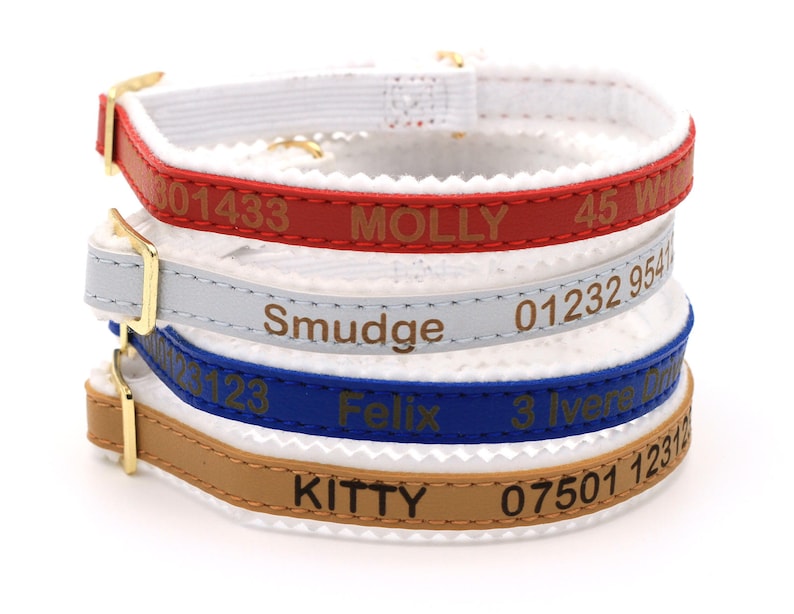 Personalised Custom Cat Kitten Collar Design Your Unique Pet ID Tag Laser Engraved black, blue, red, silver, gold image 1