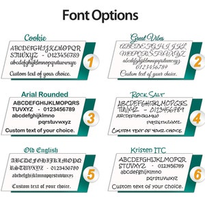 May include: A chart with six different font options for a custom text design. Each font option is displayed with the alphabet, numbers, and the phrase "Custom text of your choice." The font options are: Cookie, Great Vibes, Arial Rounded, Rock Salt, Old English, and Kristen ITC.