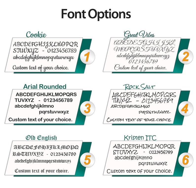 May include: A chart with six different font options for a custom text design. Each font option is displayed with the alphabet, numbers, and the phrase "Custom text of your choice." The font options are: Cookie, Great Vibes, Arial Rounded, Rock Salt, Old English, and Kristen ITC.