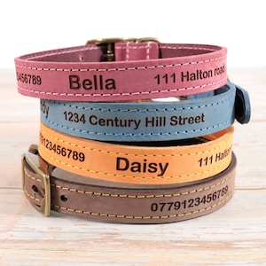Personalised Custom Leather Dog Puppy Collar + Optional Lead | Design Your Unique Pet ID Tag | Laser Engraved (blue, tan, brown, red)