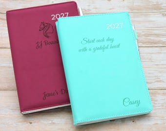 Personalised 2027 Diary with Pen loop - A5,  Week-to-view Planner ~ Custom Engraved Organiser  | Gift Idea (UK dates)
