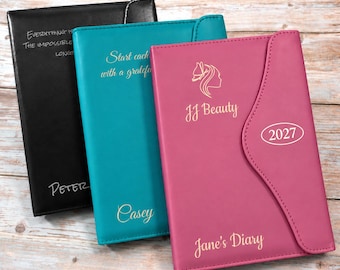 Personalised 2027 Diary with Pen Loop, A5/A6 Day view, PU-Leather ~ Custom Engraved Planner