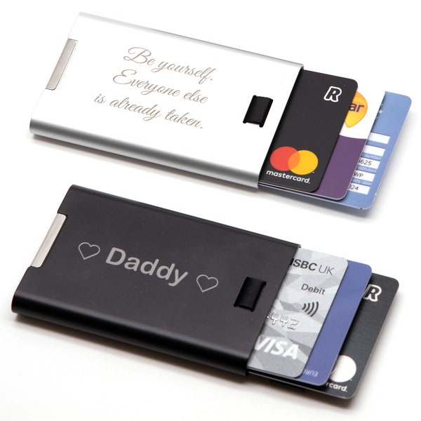 Personalised Custom Slim Metal Card ID Holder + Gift Box | Design A Truly Unique Present | Laser Engraved Rfid Protector (black, silver)