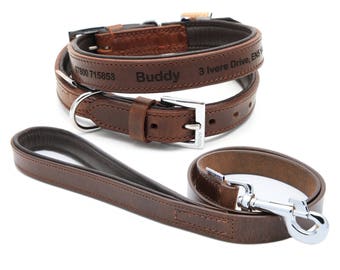Personalised Custom Premium Padded Leather Dog Puppy Collar + Optional Lead | Design Your Unique Pet ID Tag | Laser Engraved