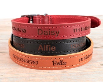 Personalised Custom Leather Dog Puppy Collar | Design Your Unique Pet ID Tag | Laser Engraved (red, tan, black)