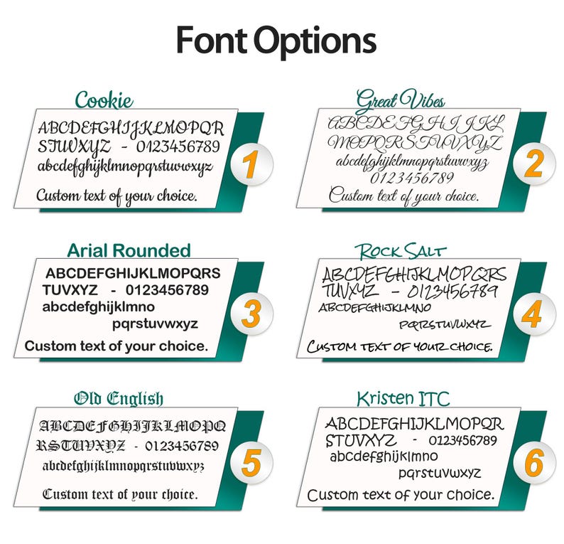 May include: A chart titled Font Options displaying six numbered styles: Cookie, Great Vibes, Arial Rounded, Rock Salt, Old English, and Kristen ITC. Each section shows the alphabet, numbers 0-9, and the phrase Custom text of your choice.