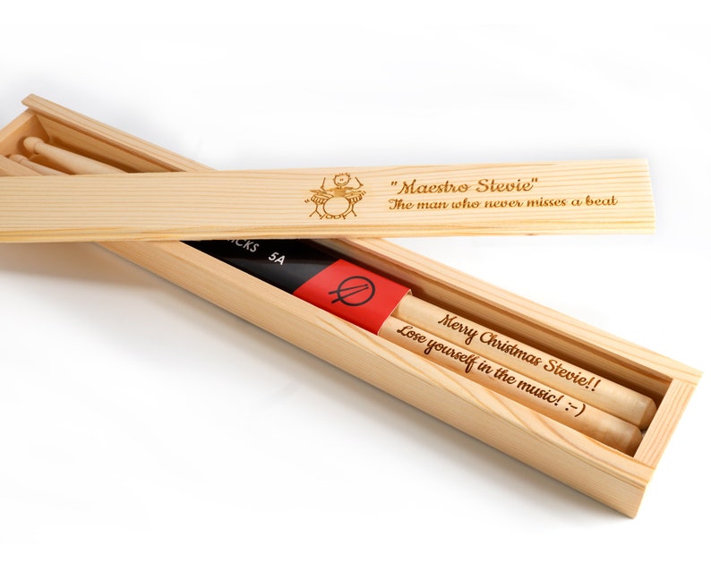 Personalised Custom Drum Sticks + Optional Gift Box - 5A Size | Design A Truly Unique Present | Laser Engraved image 2