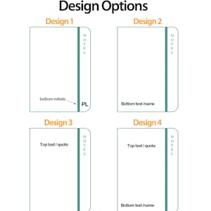 May include: Four different design options for a notebook. The notebook has a green stripe down the side and the word "NOTES" written vertically on the stripe. Design 1 has space for initials at the bottom. Design 2 has space for text at the bottom. Design 3 has space for text at the top and the bottom. Design 4 has space for text at the top and the bottom.