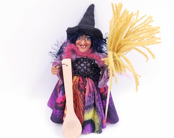 KITCHEN WITCH DOLL Hanging with Spoon Broom, Hedge Witch Figurine for Home Blessing, New Home Gift, Good Luck German Witch, Baba yaga Art