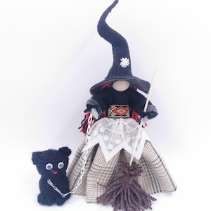 Fairy Witch Doll with Black Cat, Good Luck Kitchen Witch Doll, Hedge Witch Figurine, New Home Gift House Spirit Talisman Ornament Accessory
