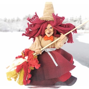 Kitchen Witch Doll Cherry Fairy witch figurine Hedge witch Hag with broom Halloween Witch Doll Toy Interior Art Doll Wall hanging ornament