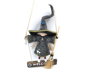Welcome Witch Doll Sign with broom and Good Luck Charms Home Decor Gift Ornament