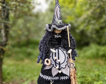 Kitchen Witch Doll, Wooden Good Luck Figurine, Halloween Ornament, Magic Home Decor, Forest Fairy