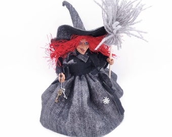 Witch of Pendle with Broom keys, Life Circle Kitchen Witch Doll, Hedge Witch, Forest witch Figurine, grey felt Lucky Doll, New Home Spirit