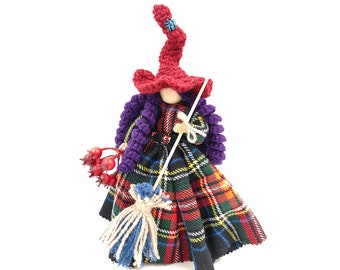 Forest Kitchen witch Doll Wooden Fairy Witch Halloween Witch Ornament Hedge Witch Figurine Christmas New Home Gift Checkered Norway Witch